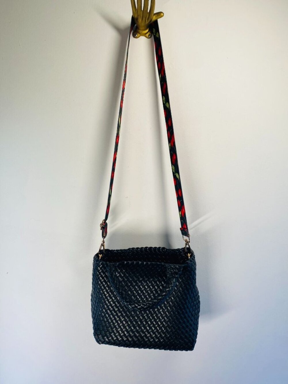 Woven Black Handbag With Cherry Strap Spacious Interior & Durable Design Perfect - Picture 4 of 7